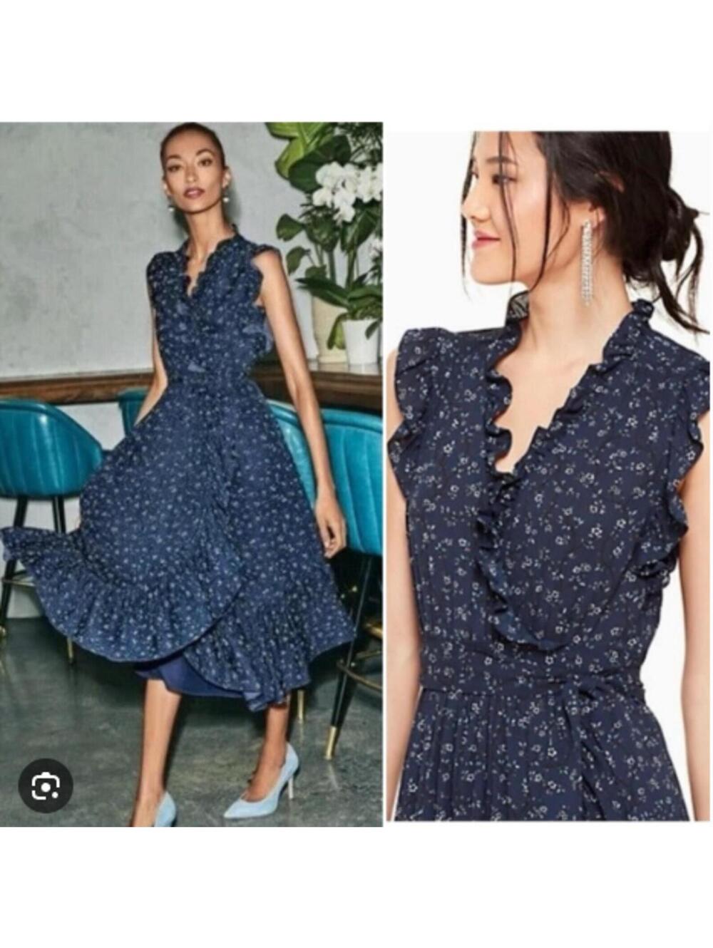 NWOT Kate Spade Out West Wild Rose Ruffle flutter wrap dress in navy floral sz14